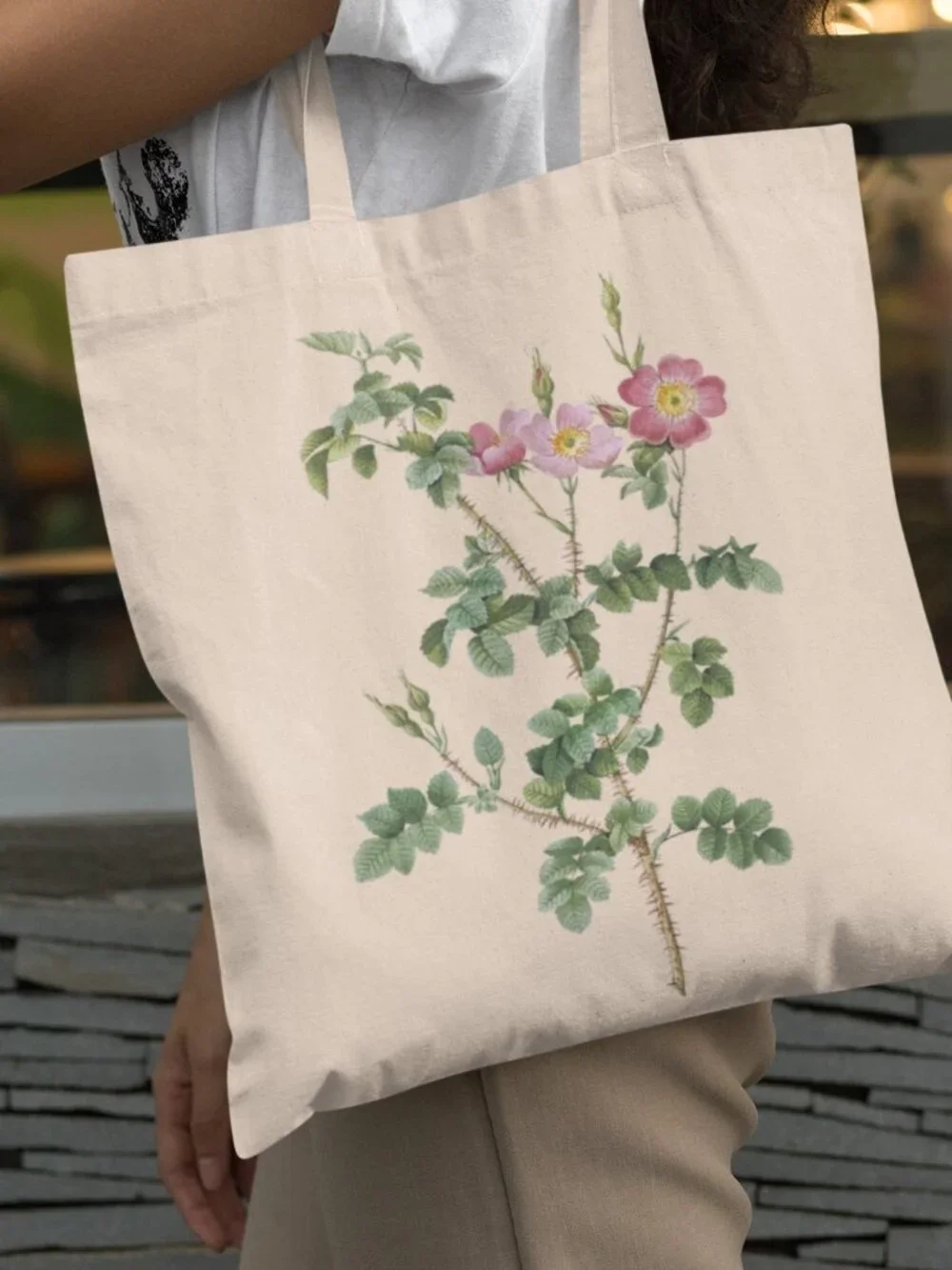 Sweet Briar Rose Vintage Floral Print Graphic Canvas Tote Bag